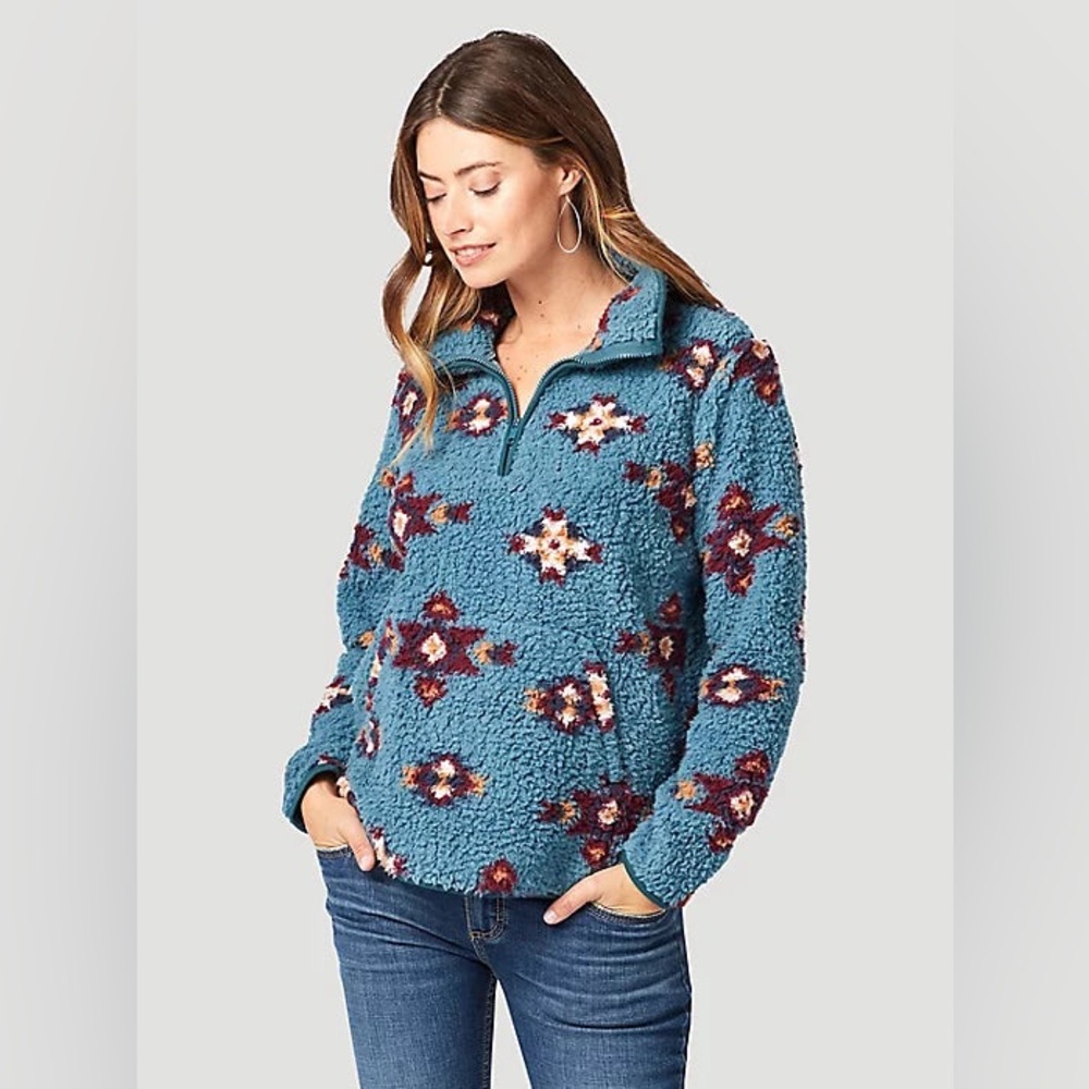 {WRANGLER} Retro Aztec Tribal Sherpa Quarter Zip Pullover